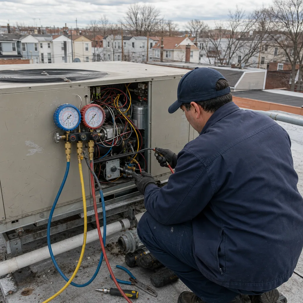 HVAC technician performing AC maintenance on a rooftop unit in Queens, NY