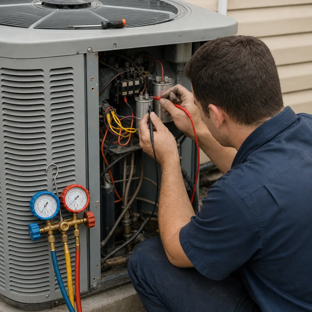 HVAC technician performing professional air conditioning repair and maintenance