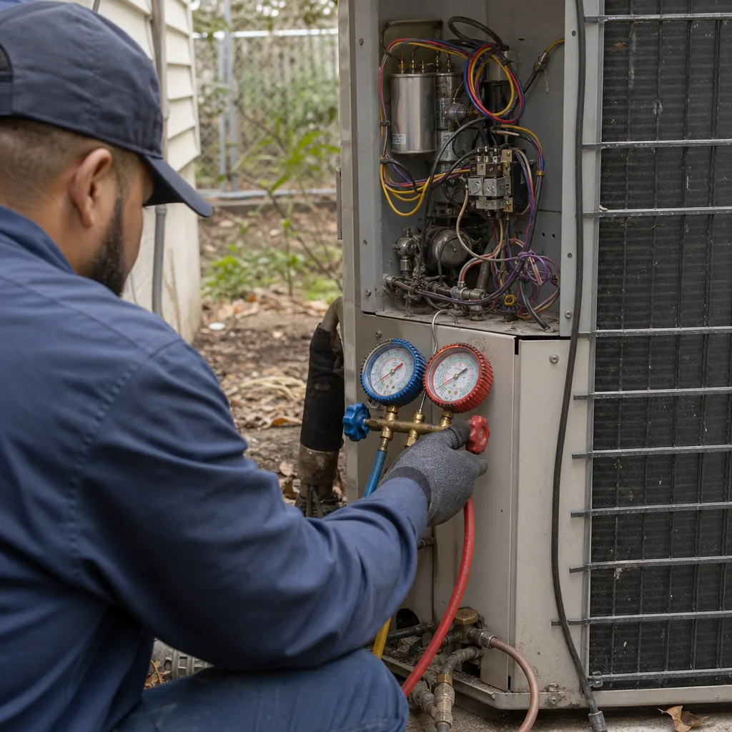 HVAC technician performing professional air conditioning repair and maintenance service