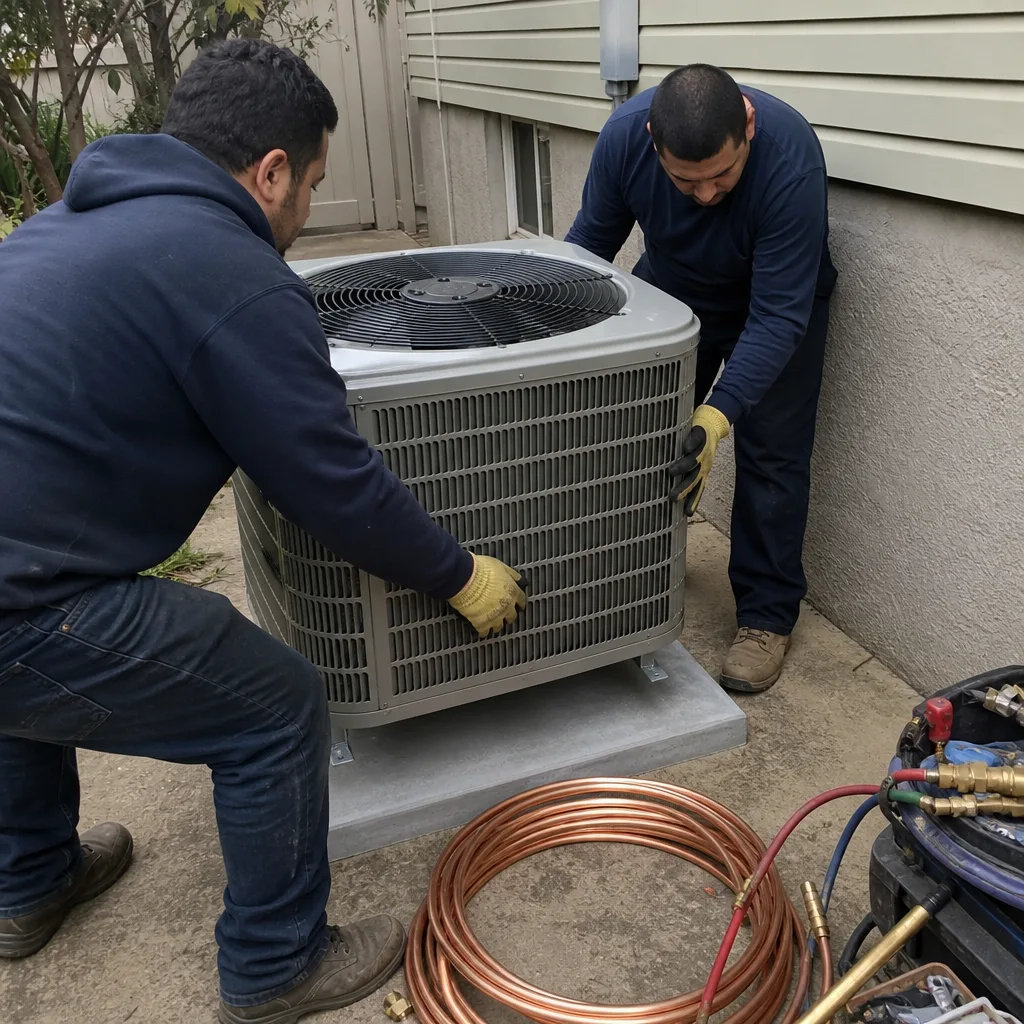 Two HVAC technicians installing an outdoor air conditioning unit.