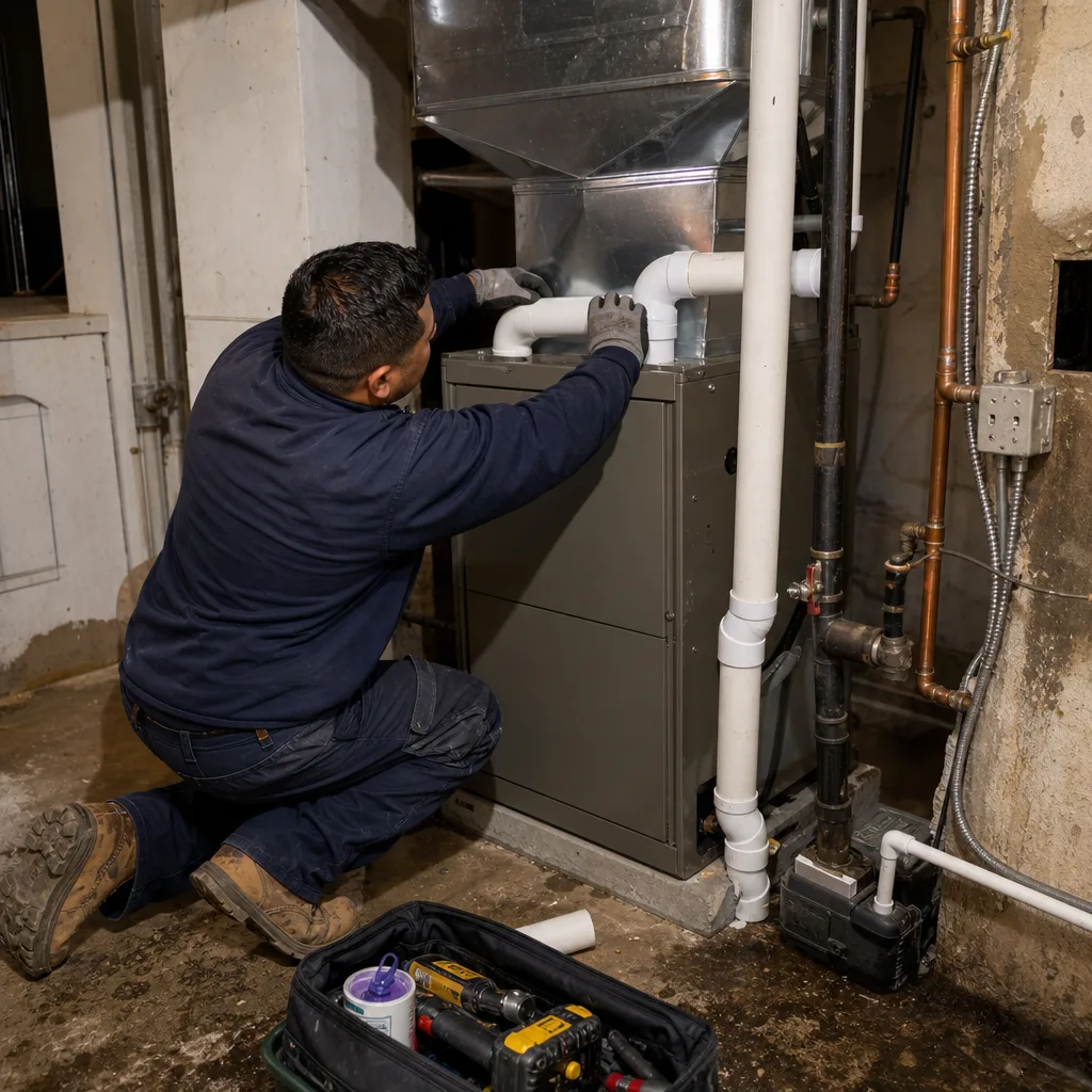 HVAC technician performing furnace repair and maintenance on a heating unit