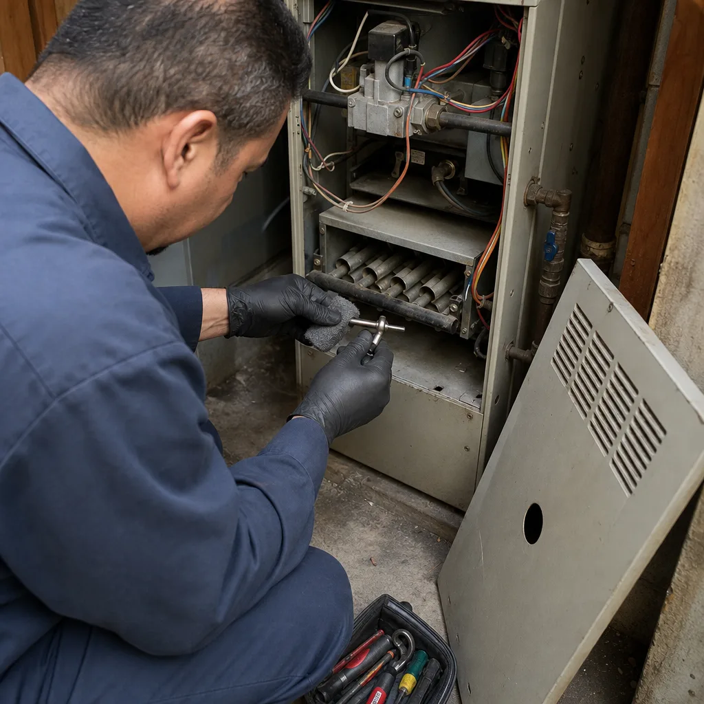 HVAC technician performing professional furnace repair and maintenance